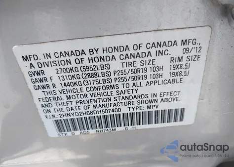 2013 Acura Mdx Advance Package z USA, uszkodzony, nr VIN 2HNYD2H68DH507400